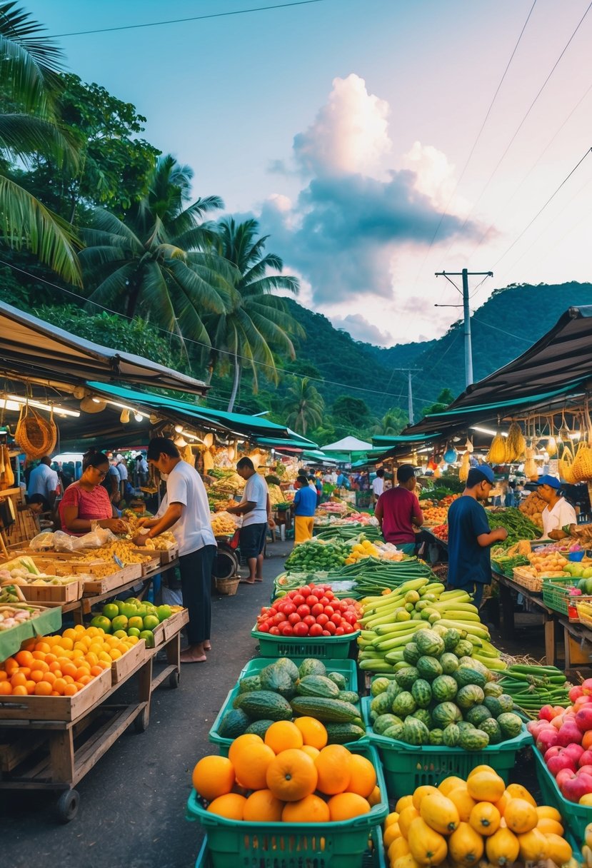 A bustling market in Labuan Bajo, filled with colorful stalls selling local produce and handmade crafts, set against a backdrop of lush tropical scenery