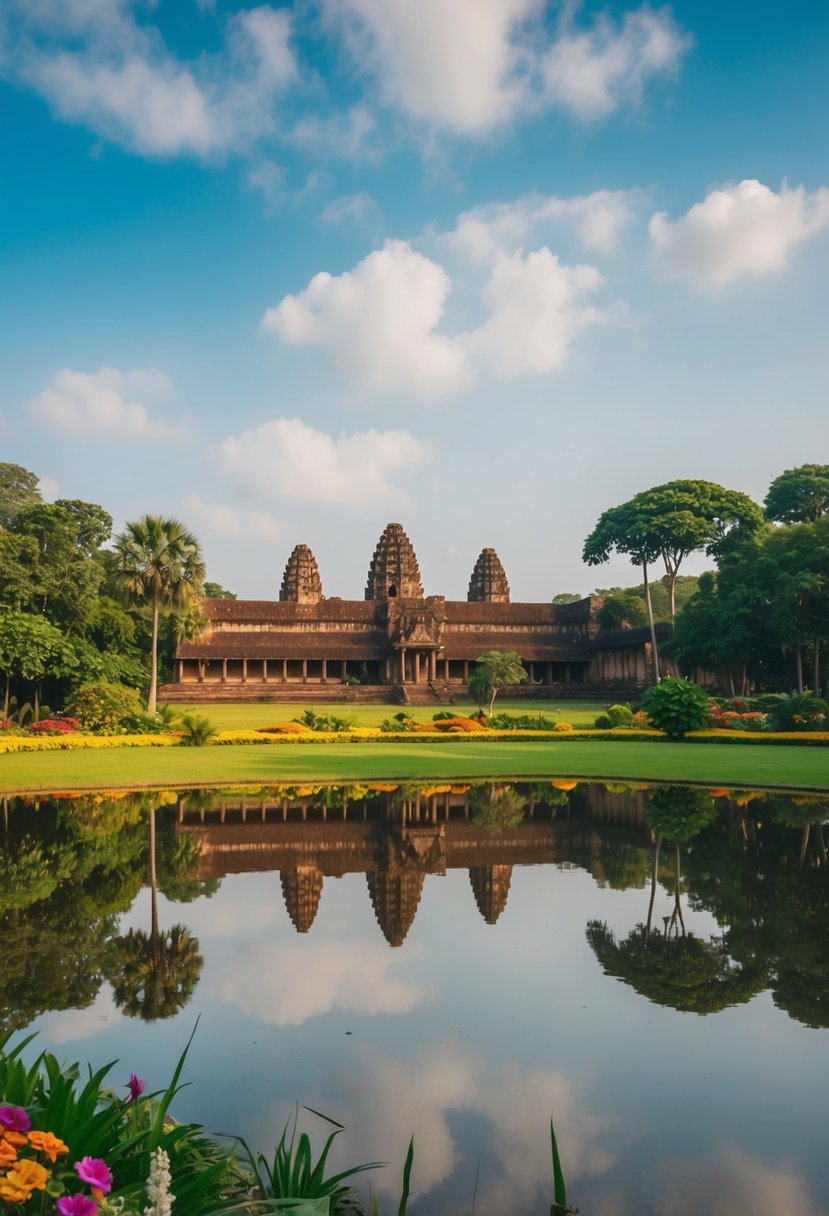 A tranquil lake reflecting the ancient ruins of Polonnaruwa, surrounded by lush greenery and colorful flowers