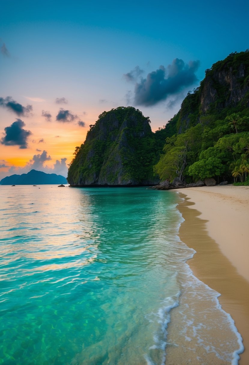 A serene beach on Sabolon Islands, Labuan Bajo, with crystal-clear waters, lush greenery, and a colorful sunset