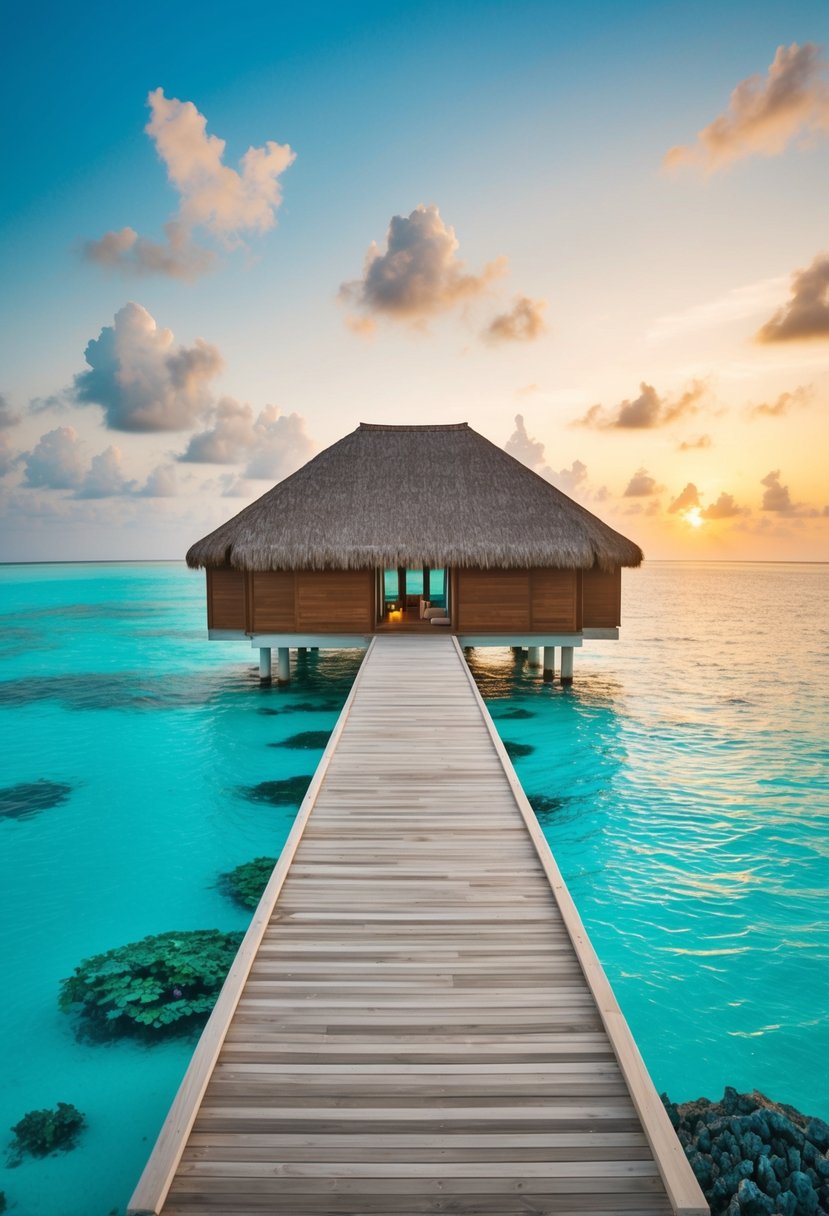 A secluded overwater bungalow in the Maldives, surrounded by crystal-clear turquoise waters and vibrant coral reefs, with a private deck and a breathtaking sunset view