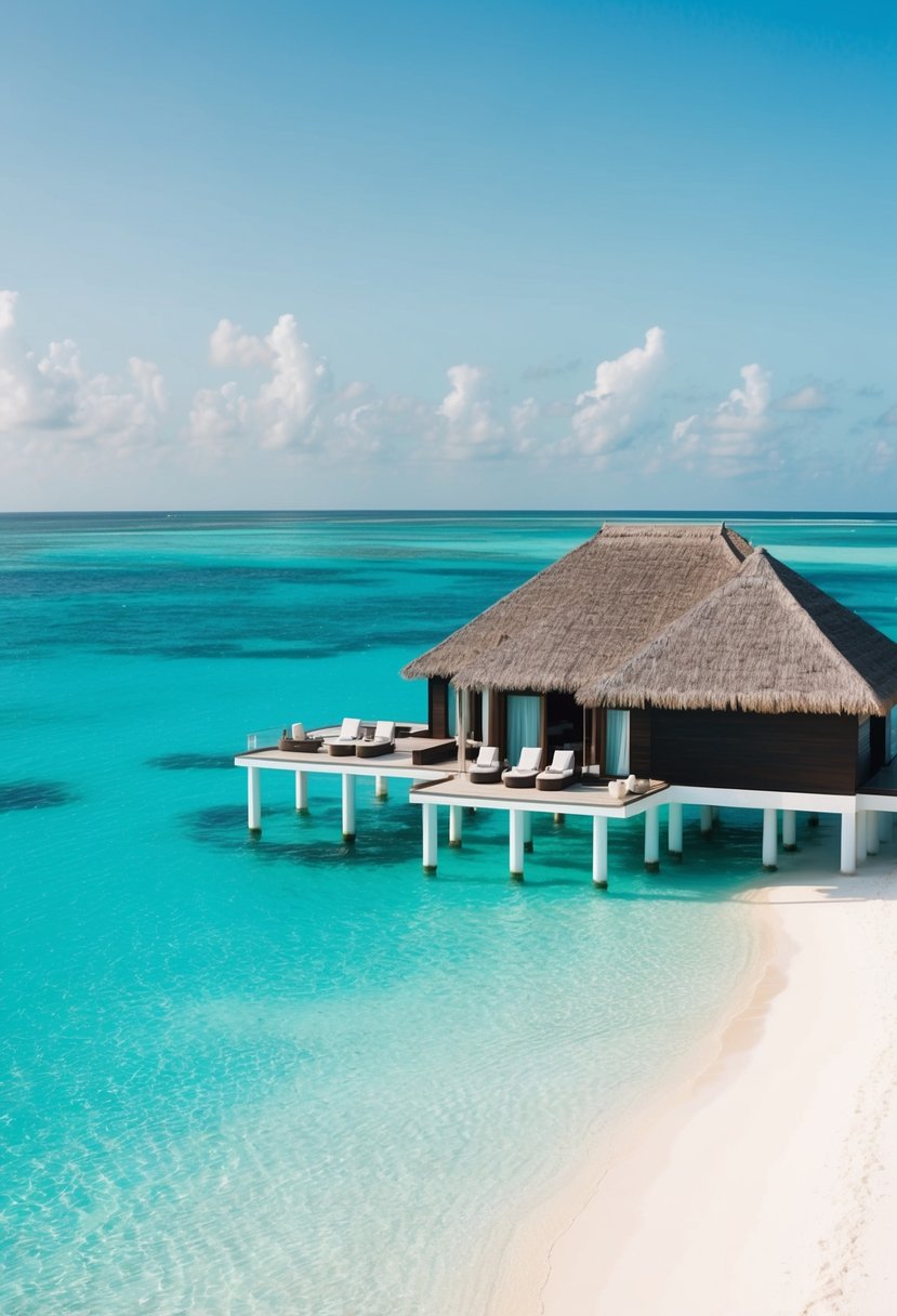 A serene, private overwater villa at Cheval Blanc Randheli, surrounded by crystal-clear turquoise waters and white sandy beaches in the Maldives