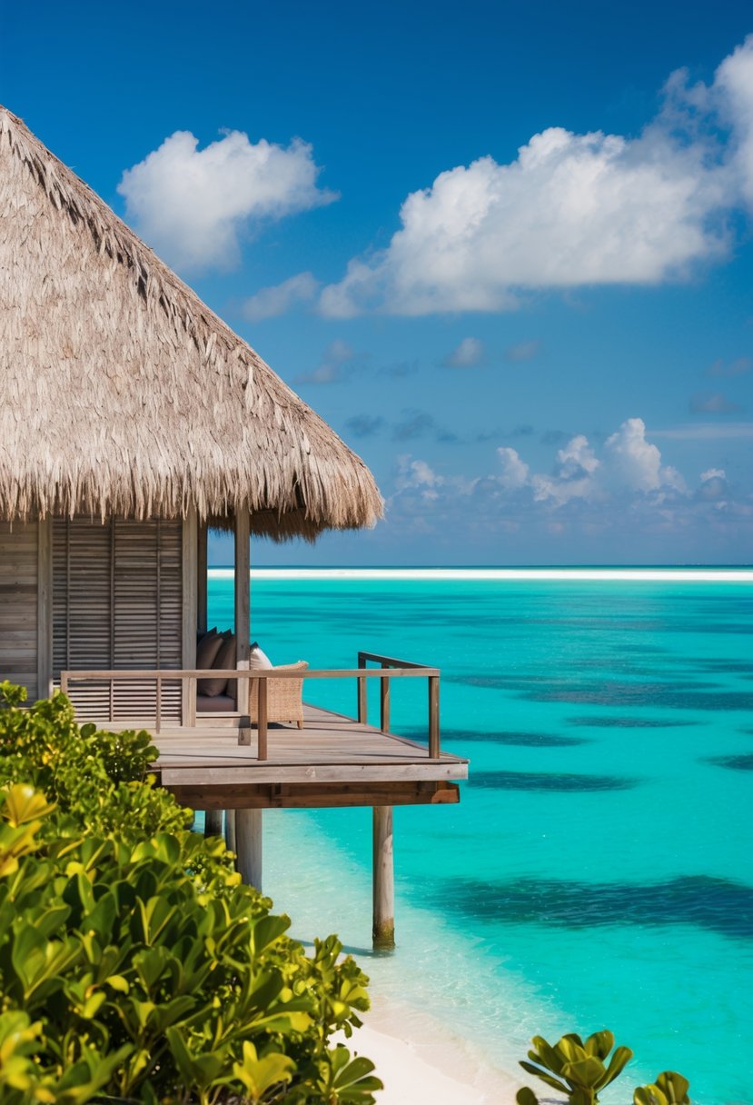 A private overwater villa at Gili Lankanfushi, with a thatched roof, turquoise lagoon, white sandy beach, and lush tropical vegetation