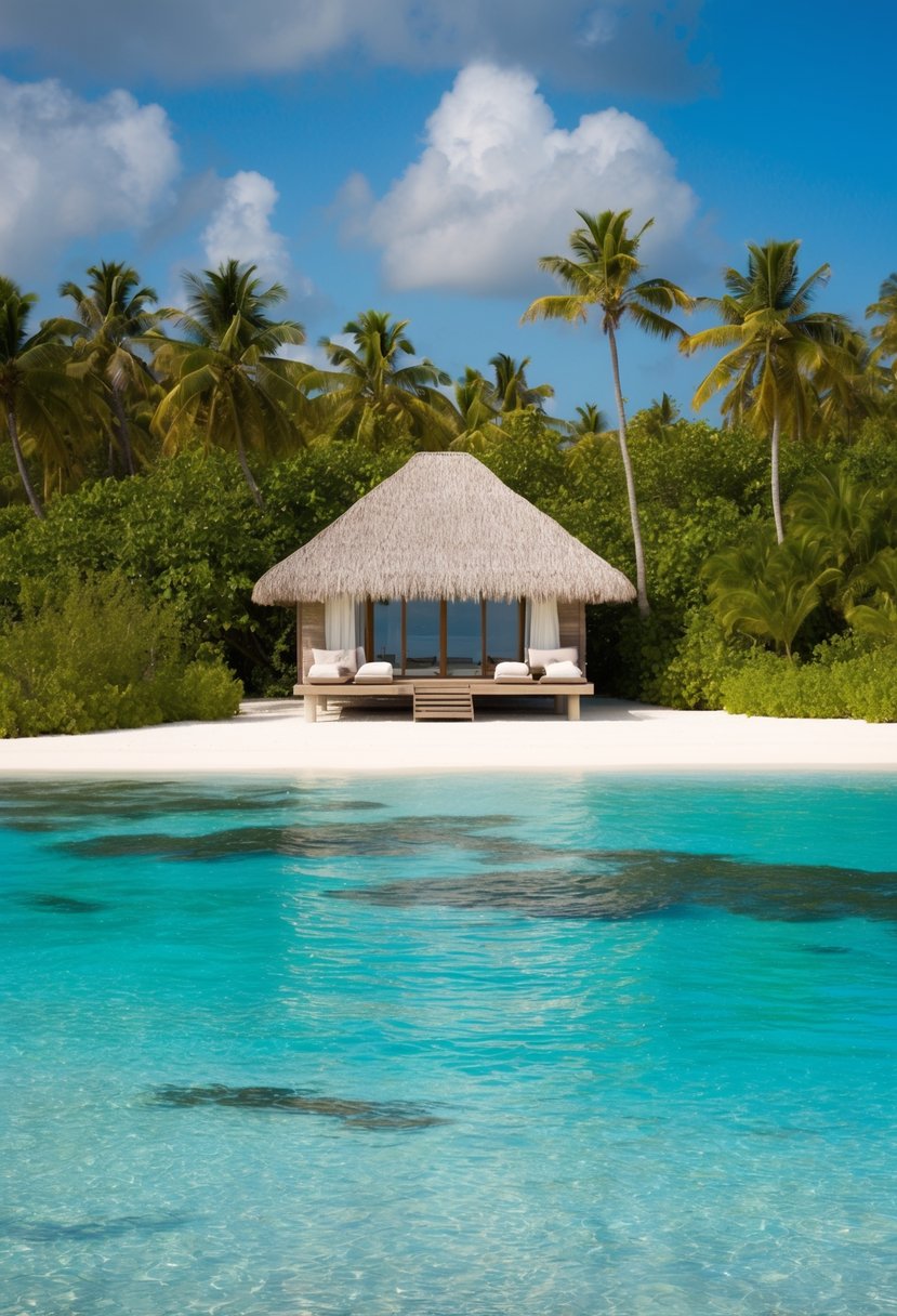 A serene overwater bungalow at Velaa Private Island, with crystal-clear turquoise waters and lush tropical vegetation surrounding the luxurious accommodation