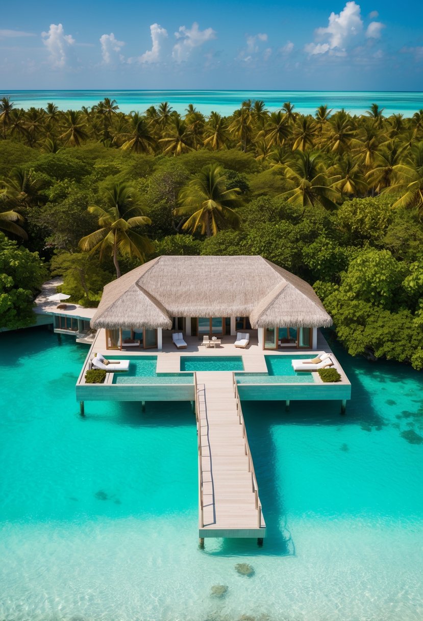 A luxurious overwater villa at Waldorf Astoria Maldives Ithaafushi, surrounded by crystal-clear turquoise waters and lush tropical greenery