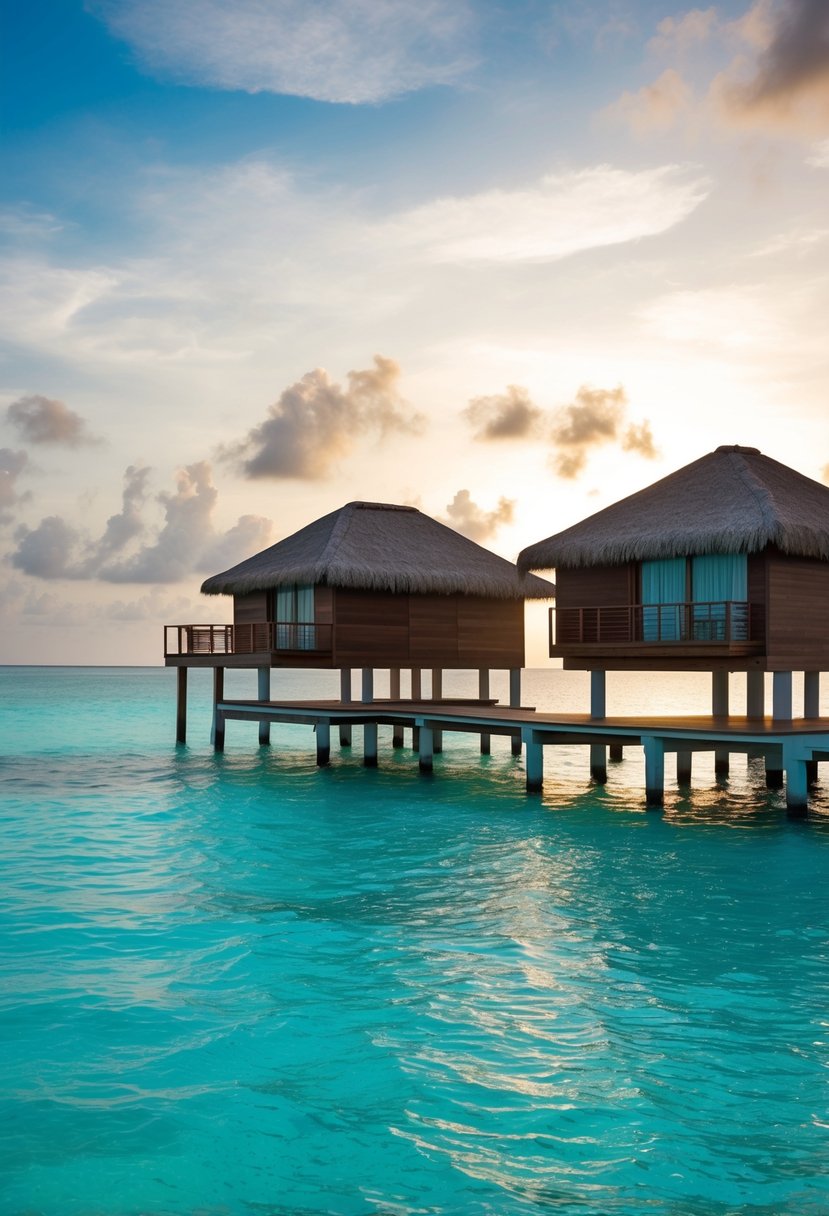 A stunning overwater bungalow at Huvafen Fushi, with crystal-clear turquoise waters and a picturesque sunset over the Maldives