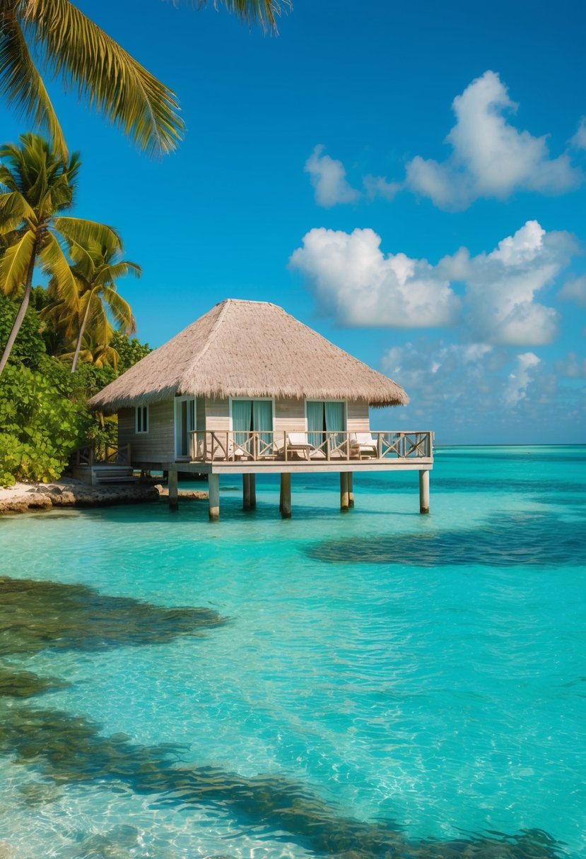 A serene overwater bungalow at Cocoa Island, with crystal-clear turquoise waters and lush greenery surrounding the private retreat