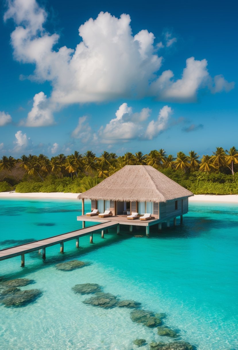 A secluded overwater bungalow in the Maldives, surrounded by crystal-clear turquoise waters and lush greenery