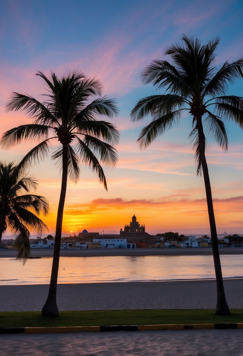 A serene beach at sunset, with palm trees and a colorful sky, overlooking the historic city of Mazatlán, Mexico