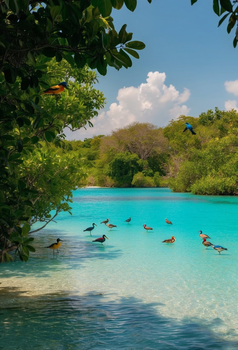 A tranquil lagoon with crystal-clear water surrounded by lush greenery and colorful birds