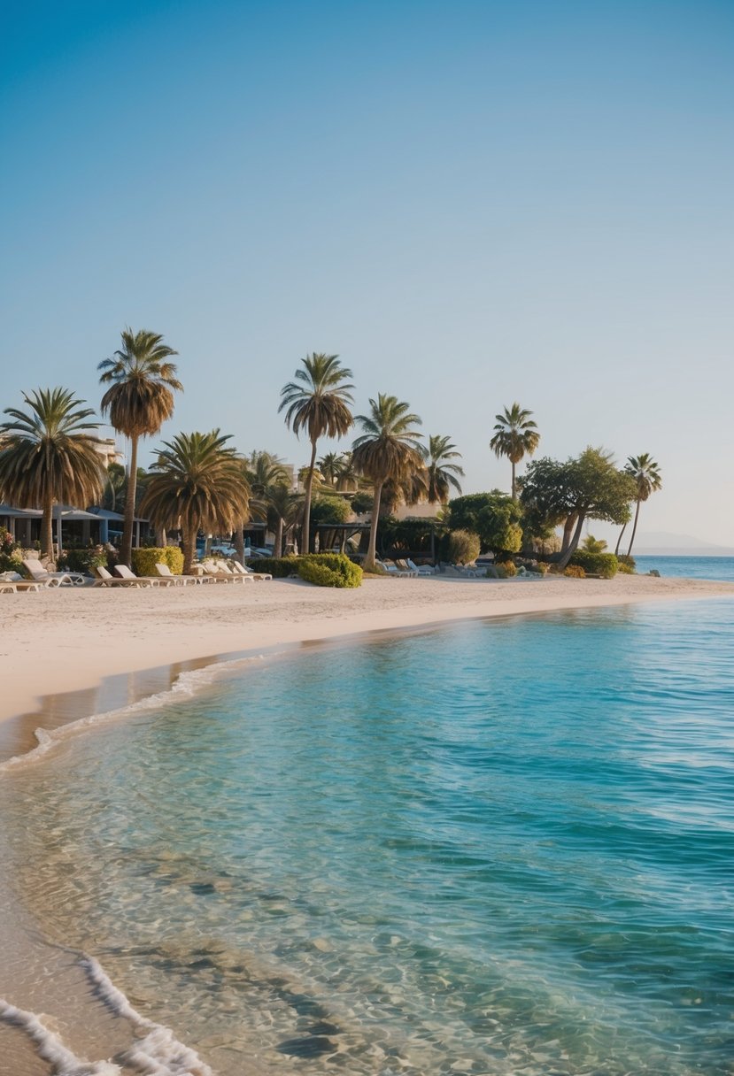 A serene beach at Loreto, Baja California with clear blue waters, palm trees, and a peaceful atmosphere, perfect for a honeymoon getaway