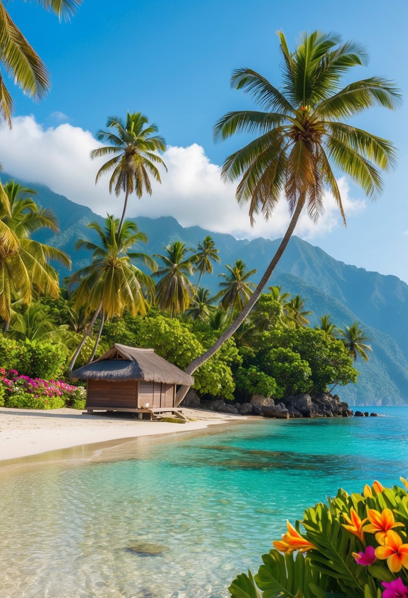 A serene beach with crystal-clear waters and palm trees, surrounded by lush tropical greenery and colorful flowers. A traditional wooden hut sits on the shore, with a backdrop of stunning mountains