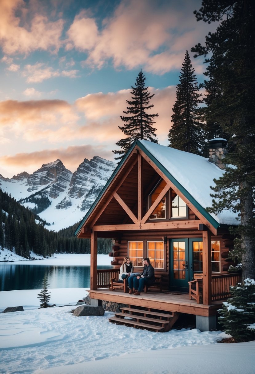 A cozy cabin nestled in the snowy mountains, surrounded by pine trees and a serene lake. A couple sits on the porch, watching the sunset