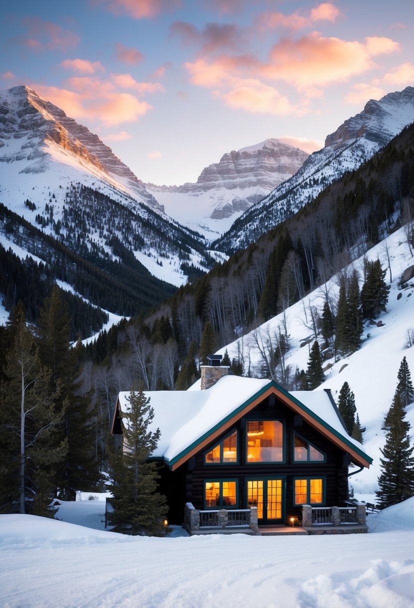 A cozy cabin nestled among snow-covered mountains in Aspen, Colorado