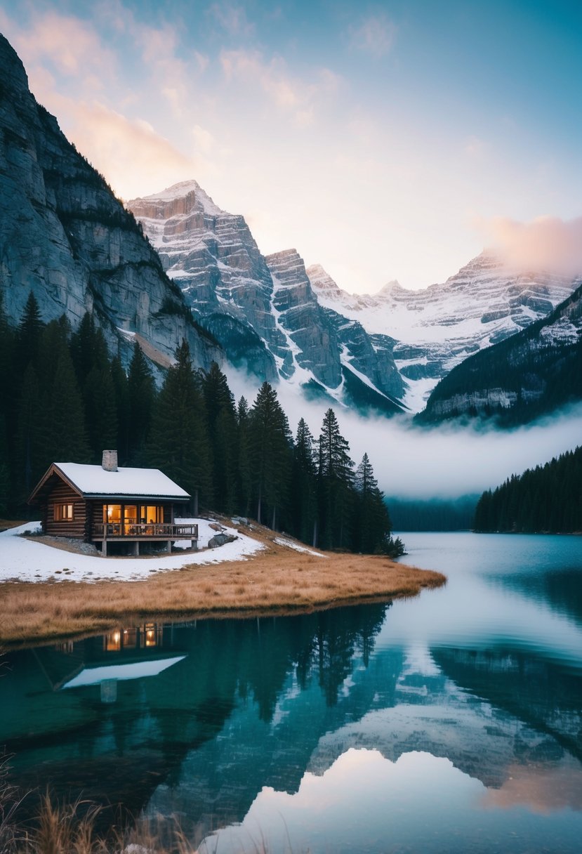 A cozy cabin nestled among snow-capped mountains, overlooking a pristine lake with a tranquil, misty atmosphere
