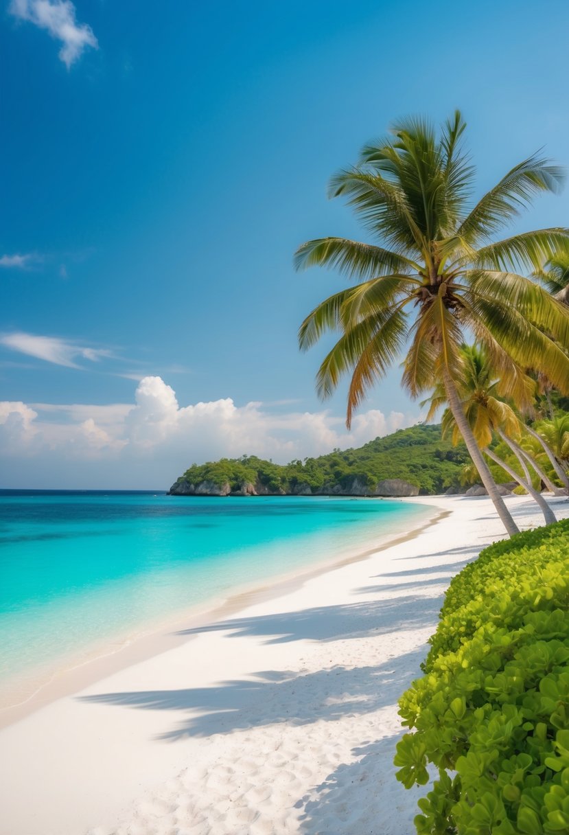 A serene beach on Perhentian Islands with crystal-clear turquoise water, white sandy shores, and lush green palm trees
