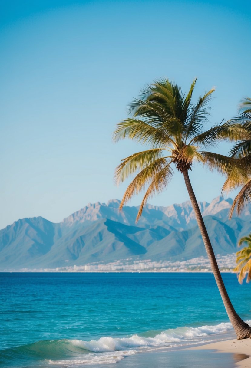 A serene beach with crystal blue waters and palm trees, set against a backdrop of majestic mountains under a clear blue sky