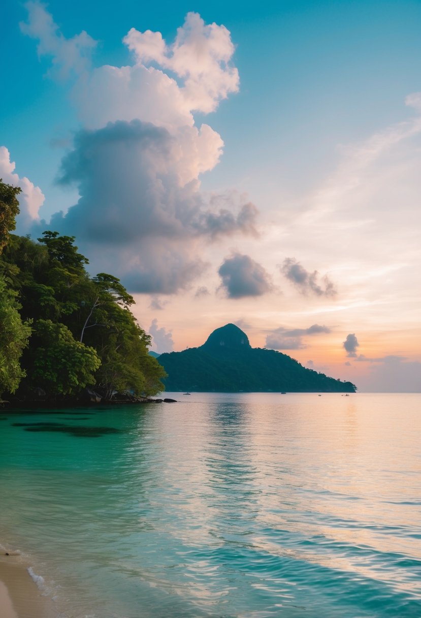 A serene beach with crystal-clear waters, lush greenery, and a picturesque sunset on Tioman Island, Malaysia