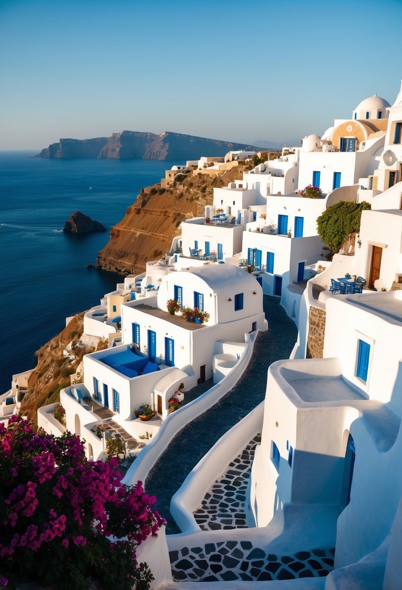 A picturesque Santorini village with white buildings perched on cliffs overlooking the deep blue sea, with blooming bougainvillea and winding cobblestone streets
