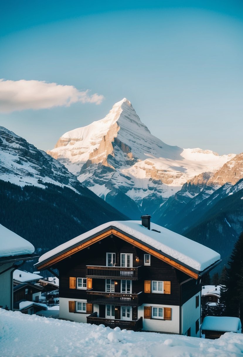 A cozy chalet nestled among snow-capped mountains, with a clear view of the iconic Matterhorn in the distance