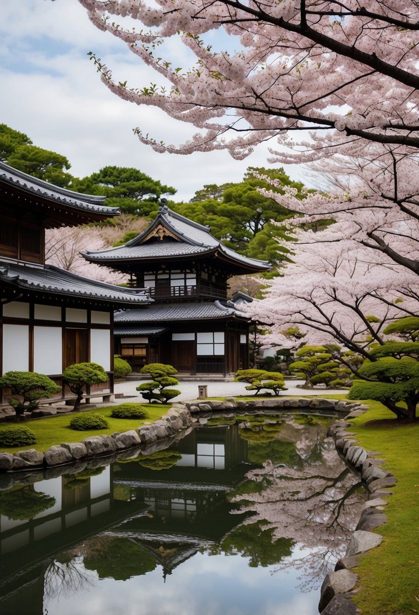 A serene Kyoto garden in March with cherry blossoms in full bloom, traditional wooden buildings, and a tranquil pond reflecting the surrounding nature