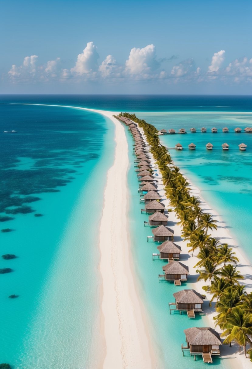 Crystal-clear turquoise waters, white sandy beaches, overwater bungalows, and palm trees lining the shore in the Maldives in March