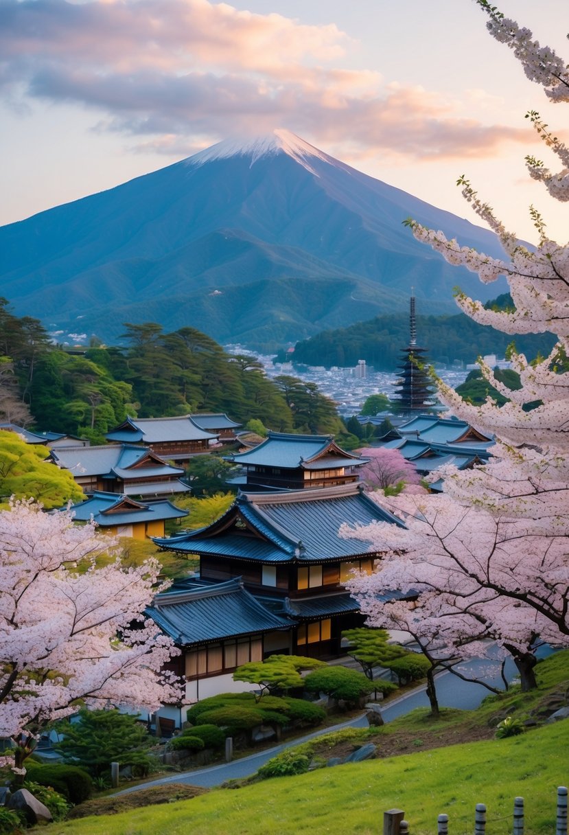 A serene mountain landscape in Kyoto, Japan, with traditional wooden houses nestled among lush greenery and blooming cherry blossom trees