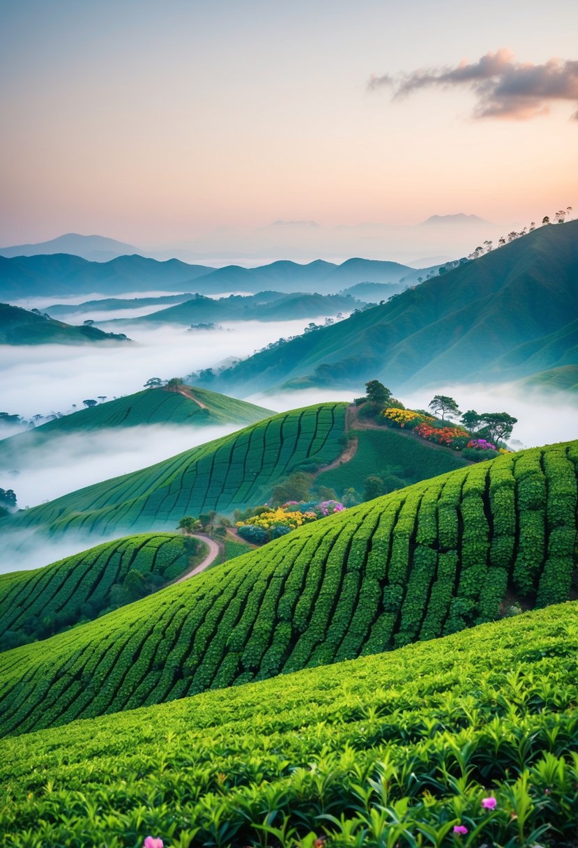 Lush green tea plantations cover rolling hills, with misty mountains in the background and colorful flowers dotting the landscape