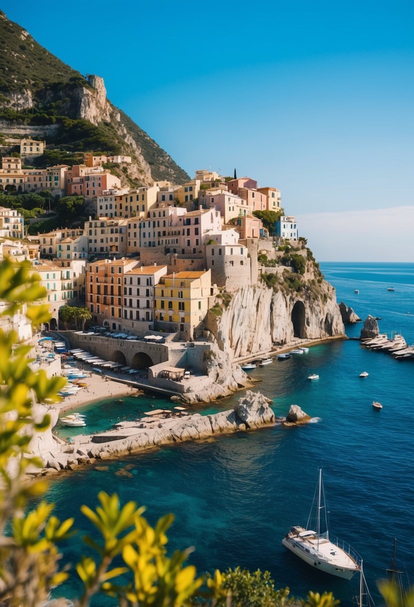 A coastal town with colorful buildings cascading down cliffs, overlooking the blue Mediterranean sea. Rocky coastline with boats and lush greenery