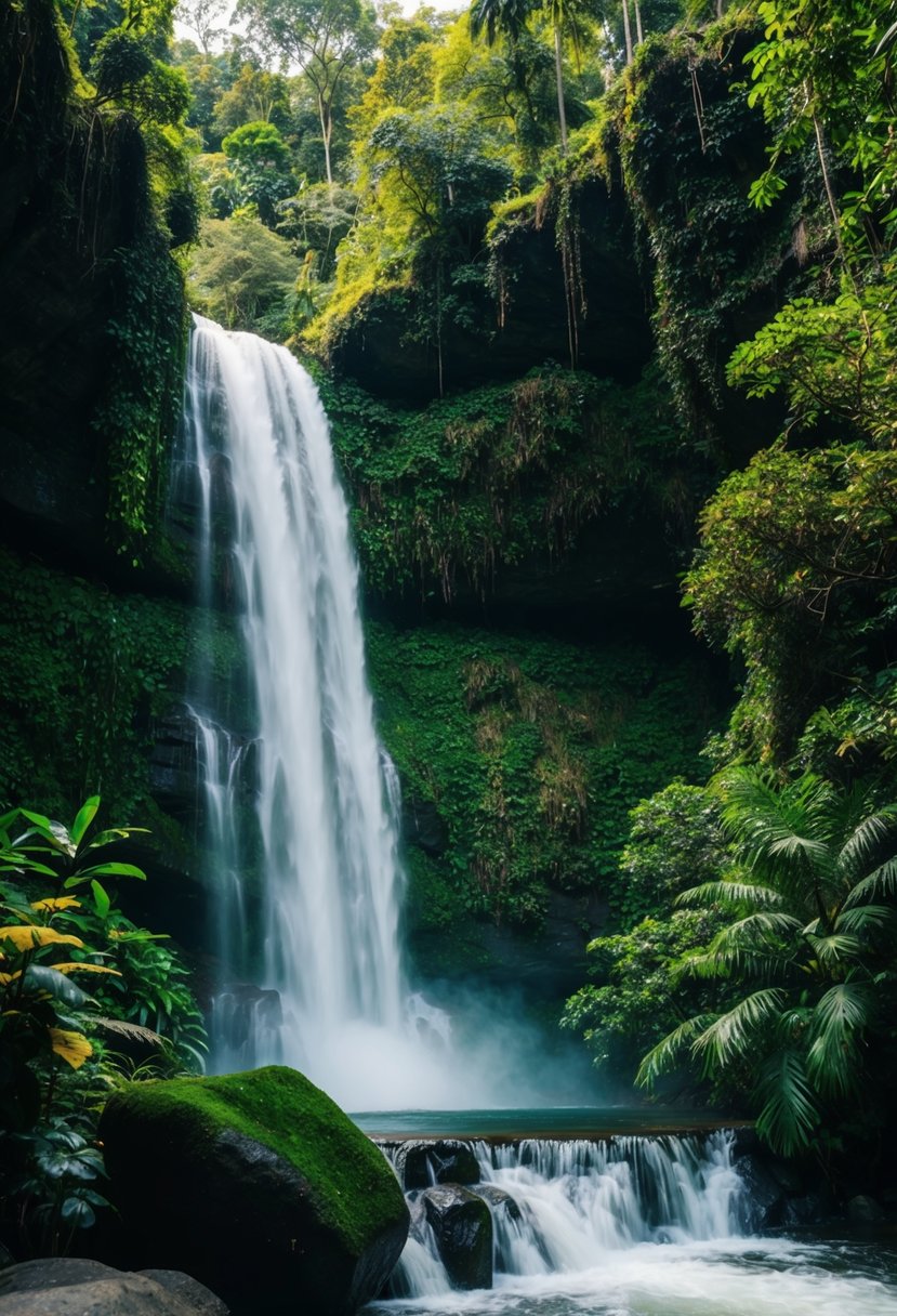Lush rainforest with cascading waterfalls and colorful wildlife in Taman Negara, Malaysia