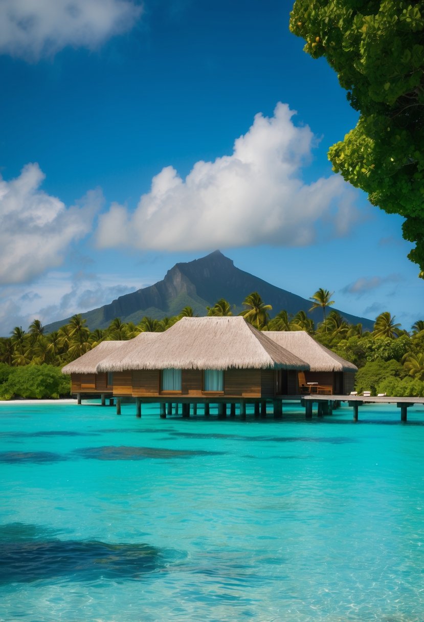 A secluded overwater bungalow on crystal clear turquoise waters, surrounded by lush greenery and a view of Mount Otemanu in the distance