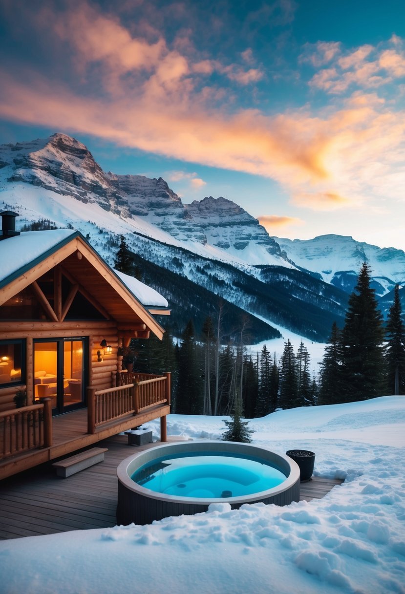 A cozy cabin nestled in the snow-capped mountains of Mont-Tremblant, with a hot tub and fireplace overlooking the breathtaking landscape