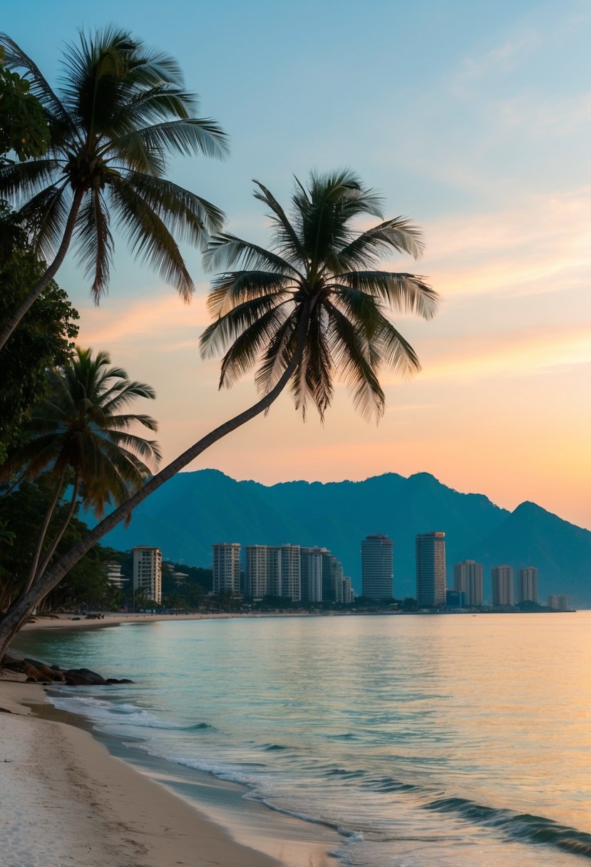 A serene beach at sunset, with palm trees and a calm ocean, overlooking the city of Kota Kinabalu, Malaysia