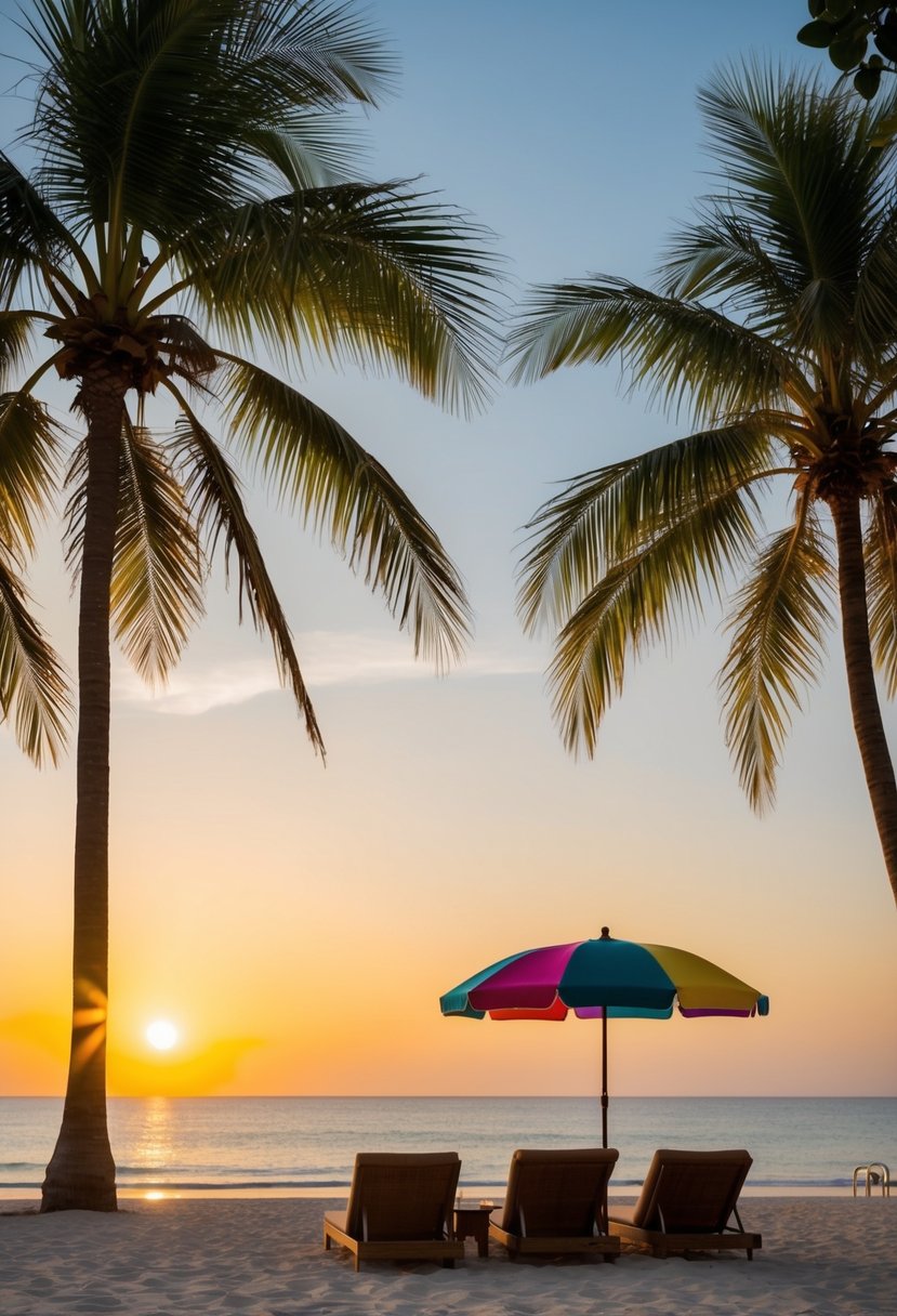 A serene beach at sunset, palm trees swaying in the warm breeze, with a couple of lounge chairs and a colorful umbrella set up for a romantic evening