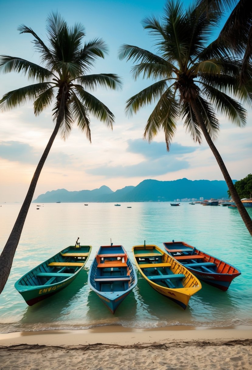 A serene beach with palm trees, crystal-clear waters, and colorful fishing boats in George Town, Penang, Malaysia