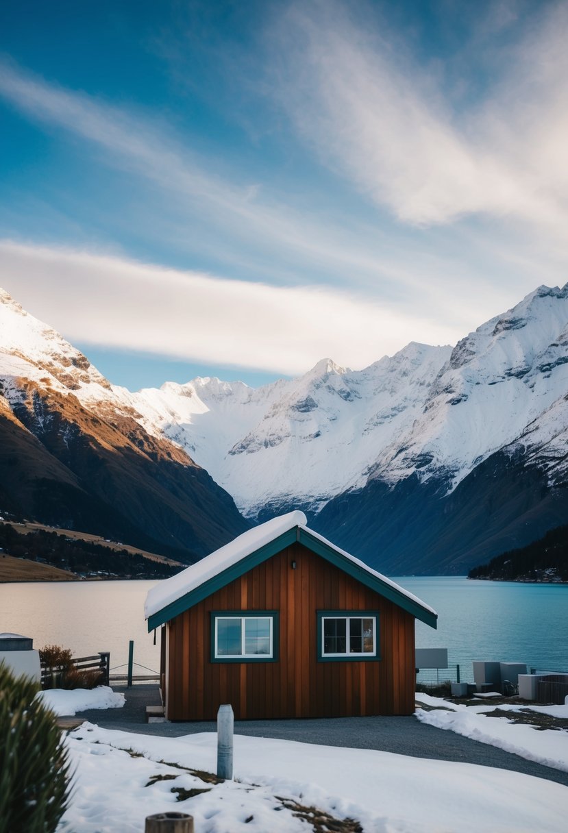 A cozy cabin nestled in the snow-capped mountains of Queenstown, New Zealand, with a serene lake in the background