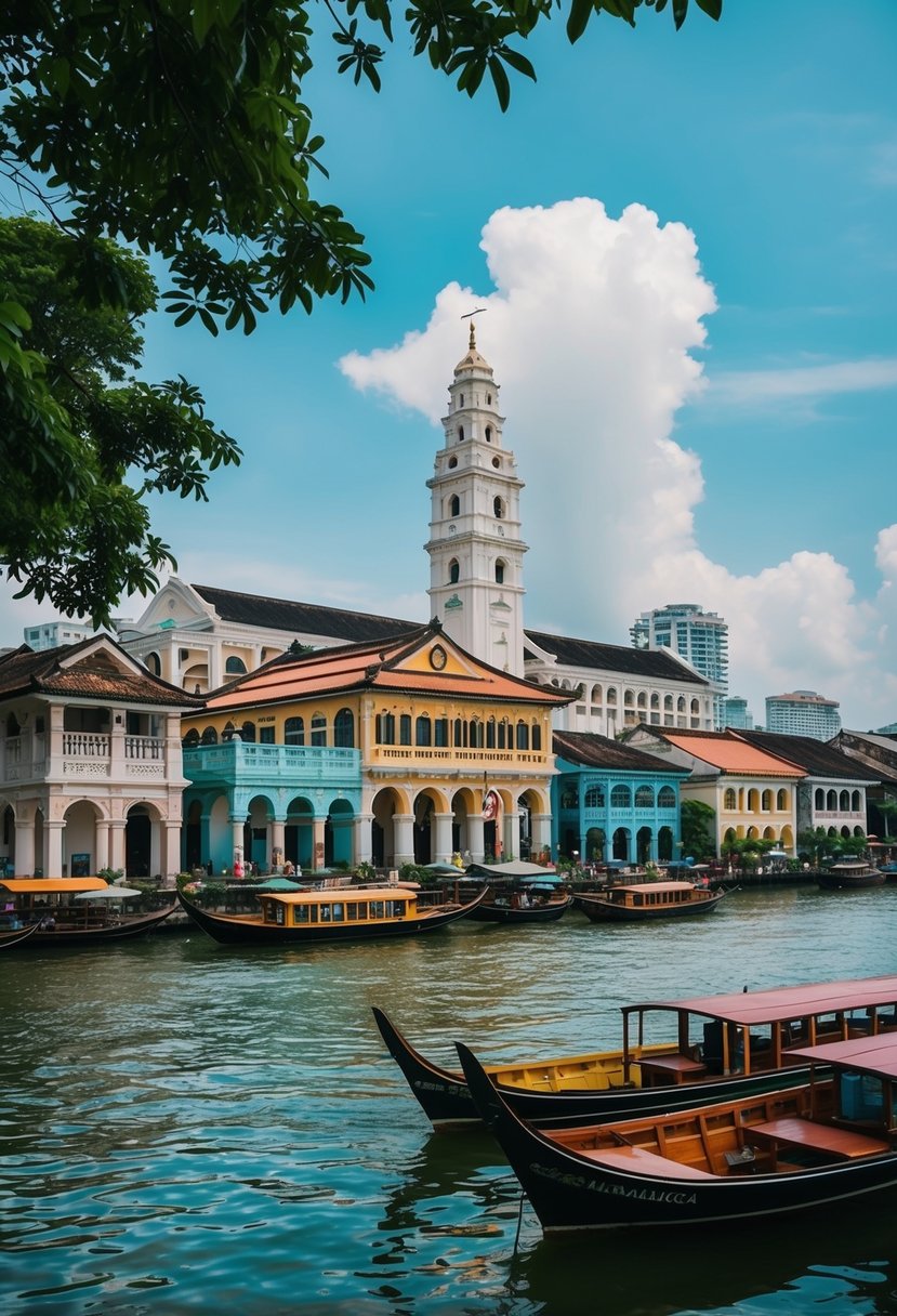 A scenic view of Malacca City's historic buildings and colorful riverfront, with traditional boats and lush greenery