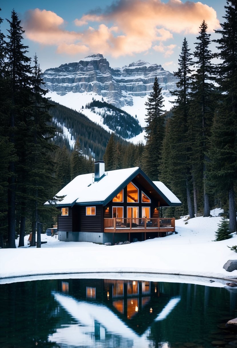 A cozy cabin nestled in the snowy mountains of Whistler, British Columbia, surrounded by towering pine trees and overlooking a serene lake