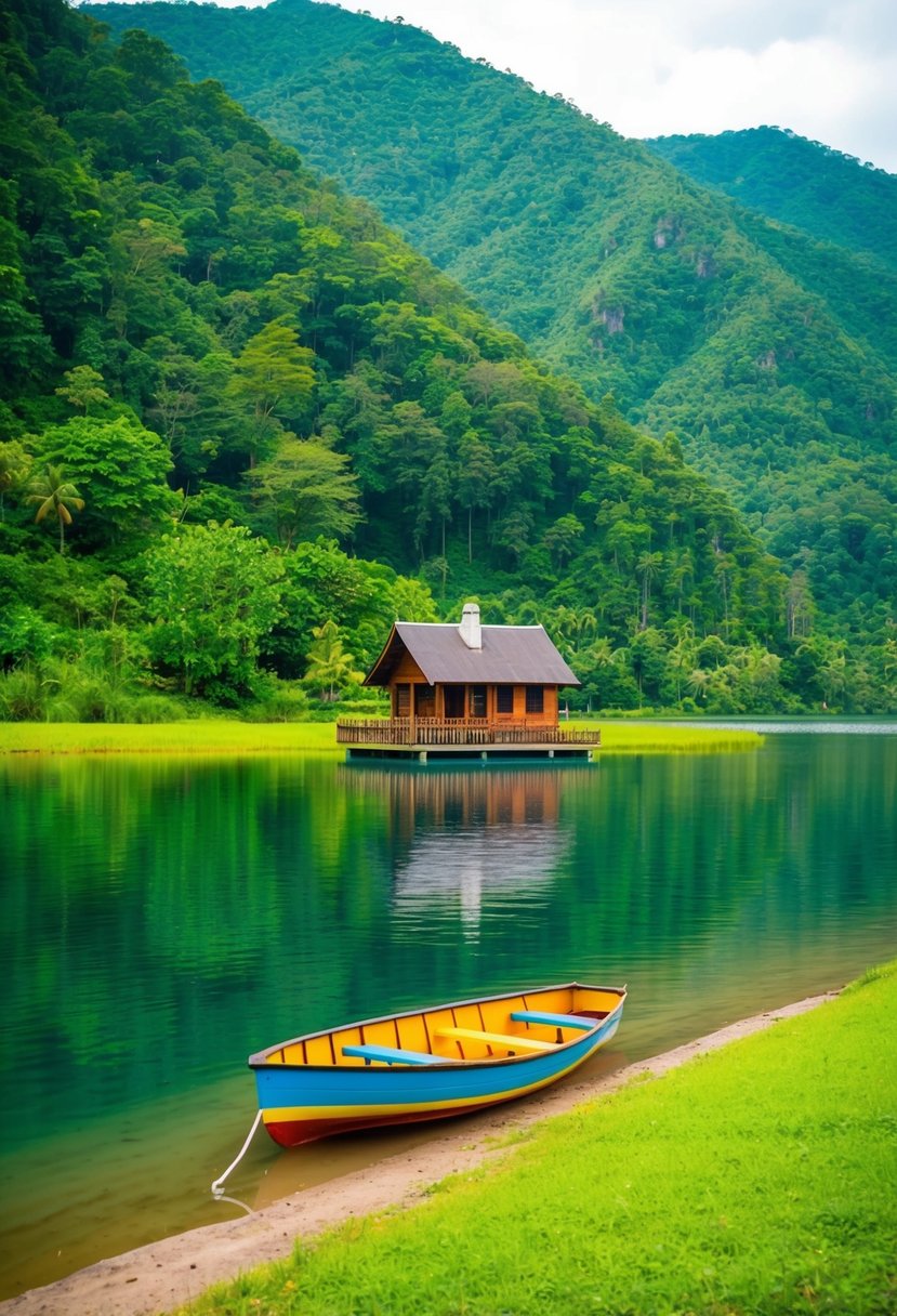 A serene lake nestled in the lush green hills of Ipoh, Malaysia, with a charming wooden cabin and a colorful rowboat by the shore