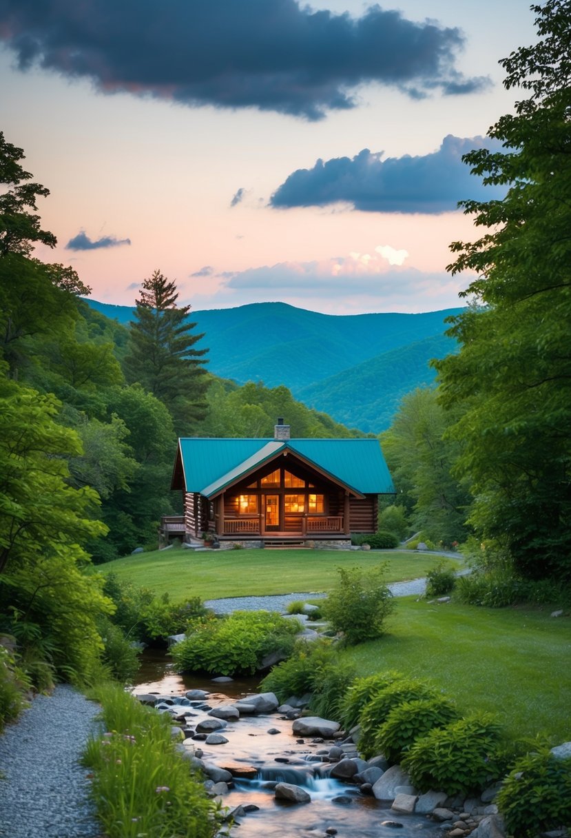 A cozy cabin nestled in the Blue Ridge Mountains, surrounded by lush greenery and a tranquil stream flowing nearby