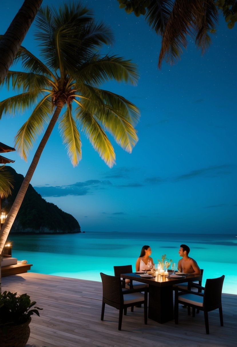 A beachfront villa in Phuket, with palm trees, turquoise water, and a couple enjoying a romantic dinner under the stars