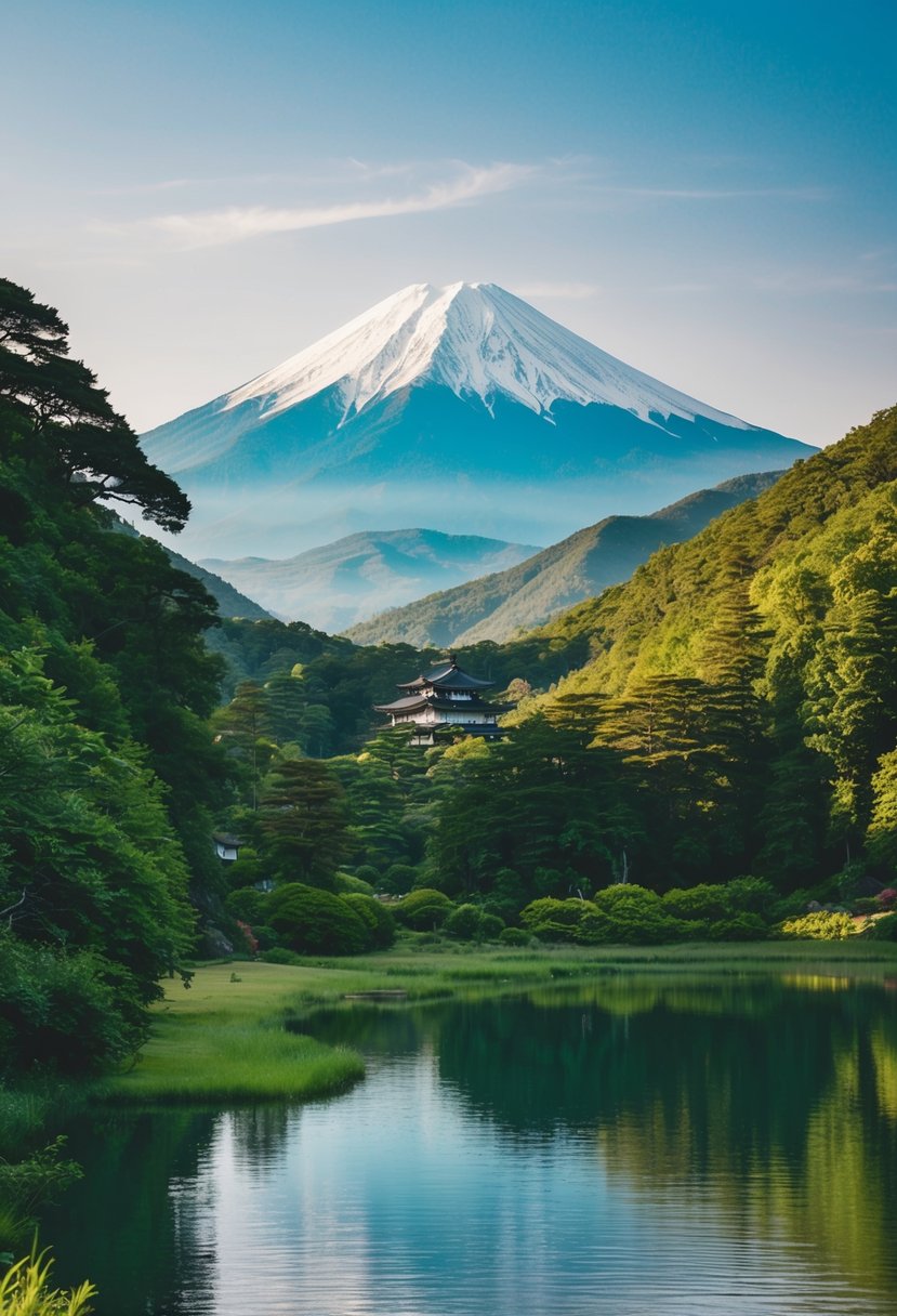 A serene mountain landscape with Mount Fuji towering in the background, surrounded by lush greenery and a tranquil lake