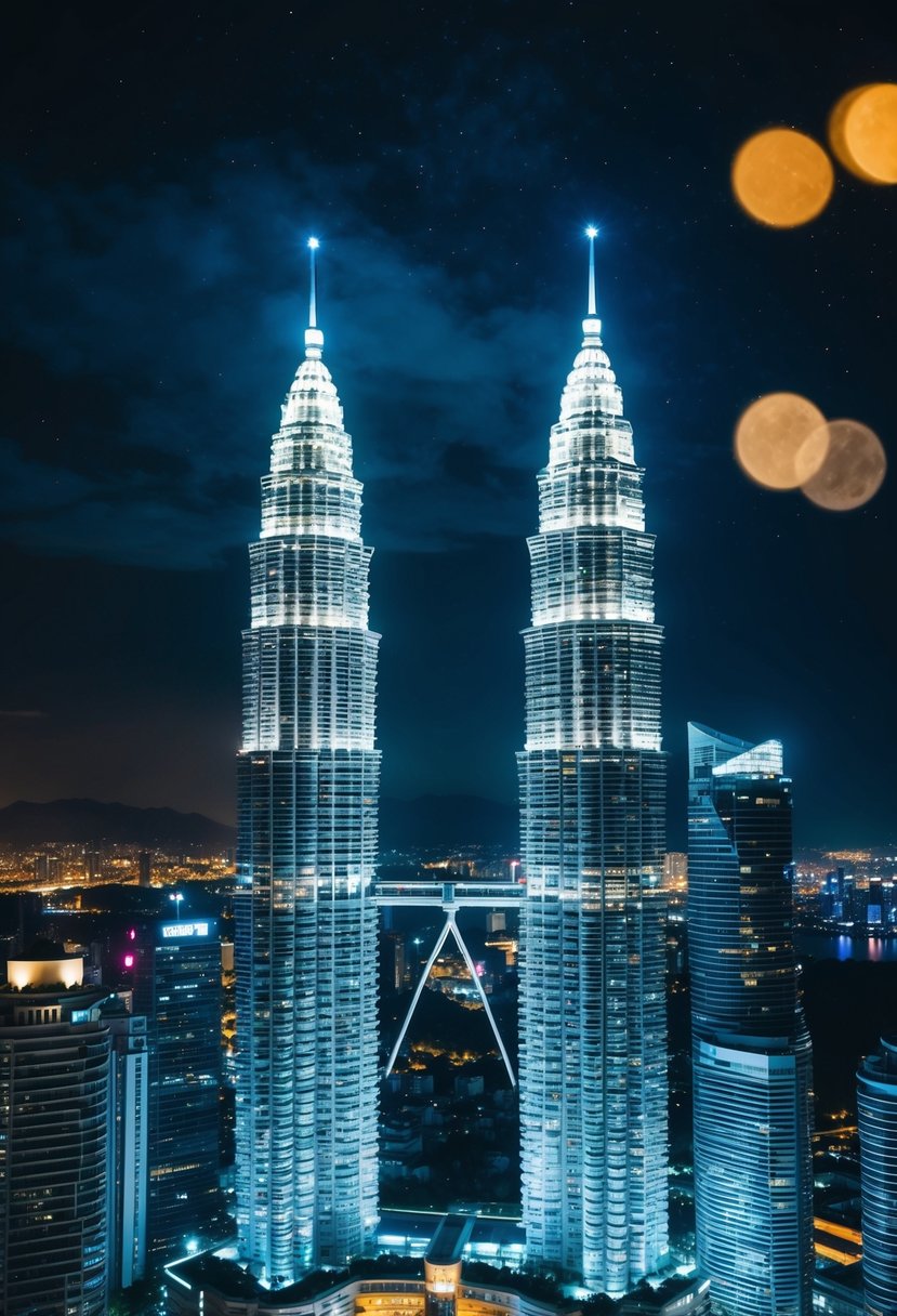 A romantic view of the Petronas Twin Towers at night, with colorful city lights and a starry sky in the background