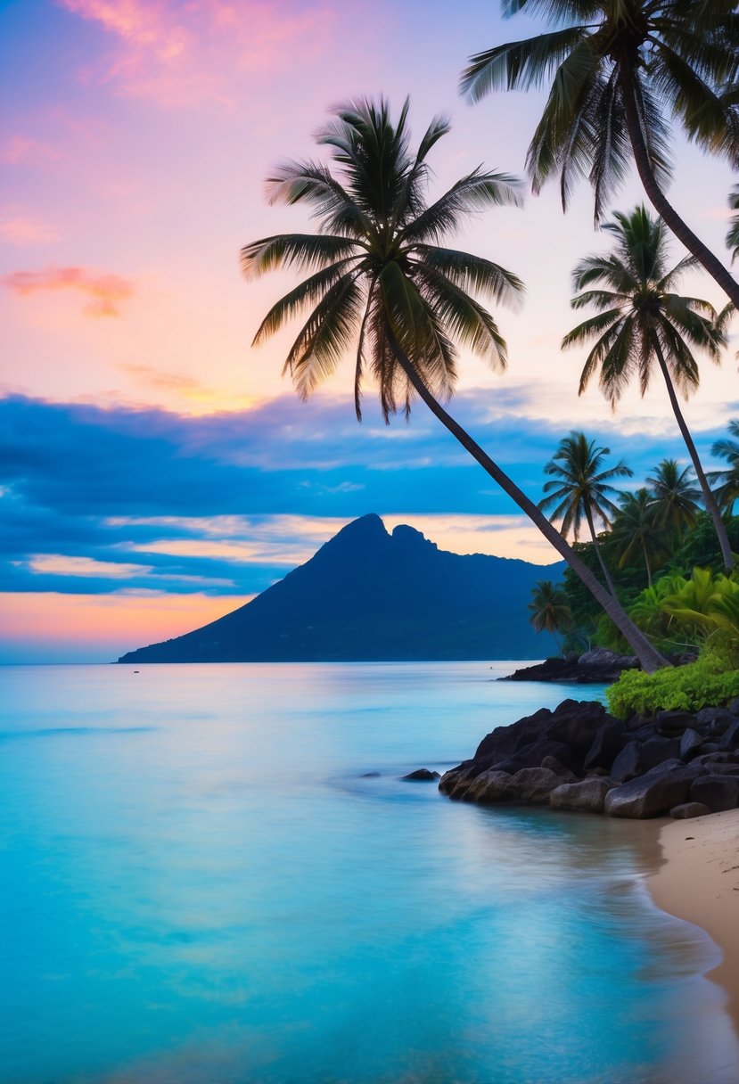 A tranquil beach with palm trees, clear blue waters, and a colorful sunset over the horizon in Bali, Indonesia