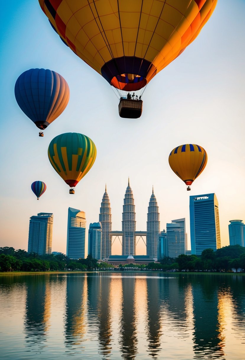 A serene lake with colorful hot air balloons floating above Putrajaya's iconic architecture