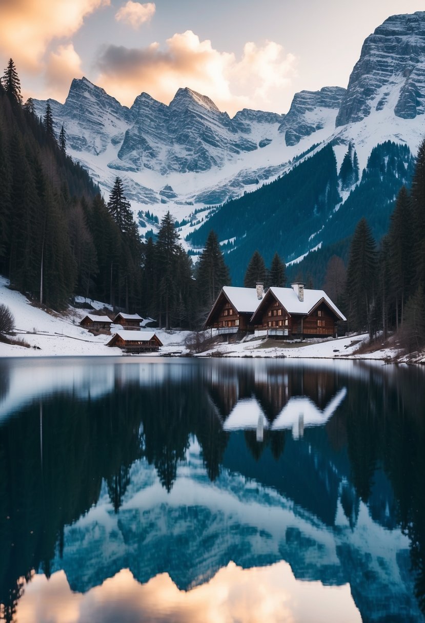 Snow-capped Tatra Mountains with cozy cabins nestled among pine trees, a serene lake reflecting the rugged peaks