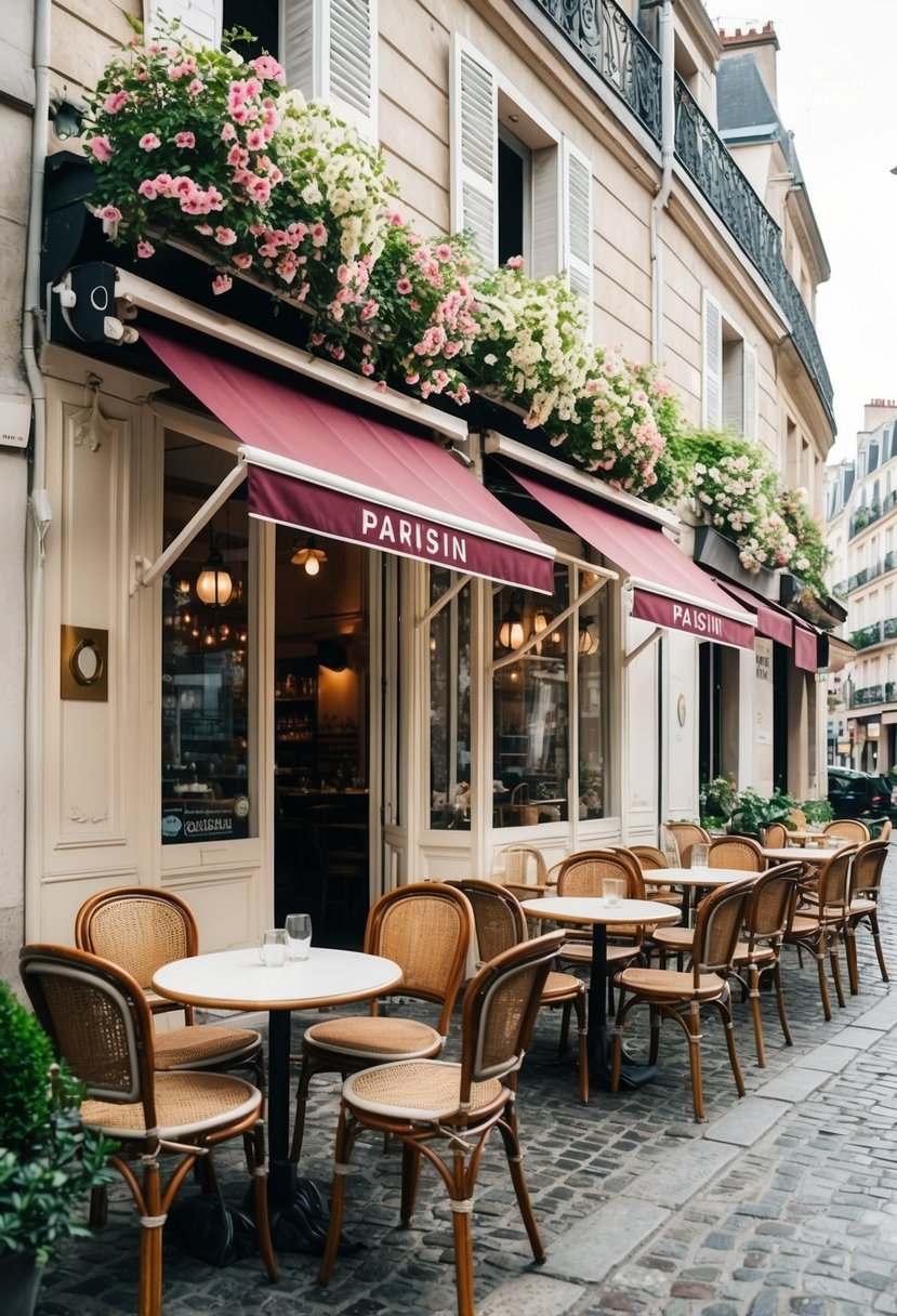 A cozy Parisian café with outdoor seating, surrounded by blooming spring flowers and charming cobblestone streets
