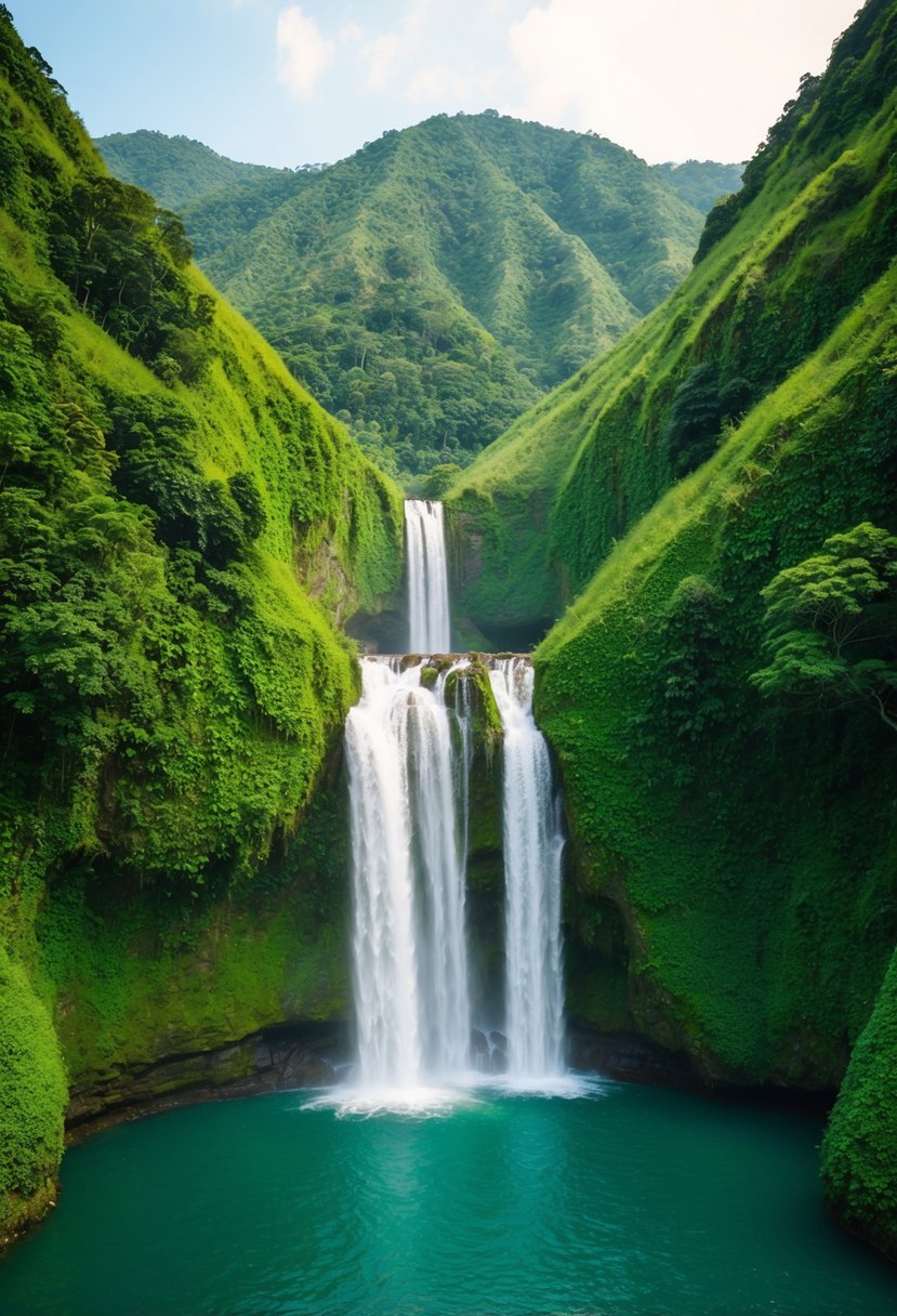 Lush green hills and cascading waterfalls in Tawau Hills Park, Malaysia