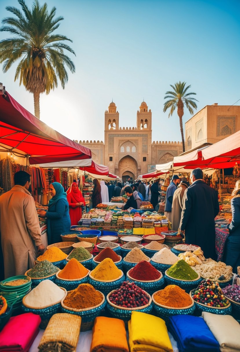 A bustling Marrakech market with colorful textiles, spices, and handcrafted goods under the warm March sun. Palm trees and ornate architecture in the background