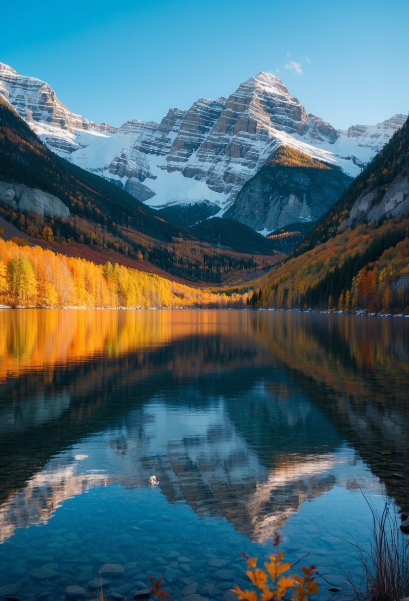 A serene lake nestled between snow-capped mountains, with colorful autumn foliage reflecting in the crystal-clear waters