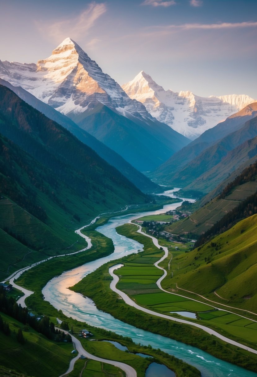 A serene mountain landscape with snow-capped peaks, lush green valleys, and a winding river, creating the perfect backdrop for a romantic honeymoon in Manali